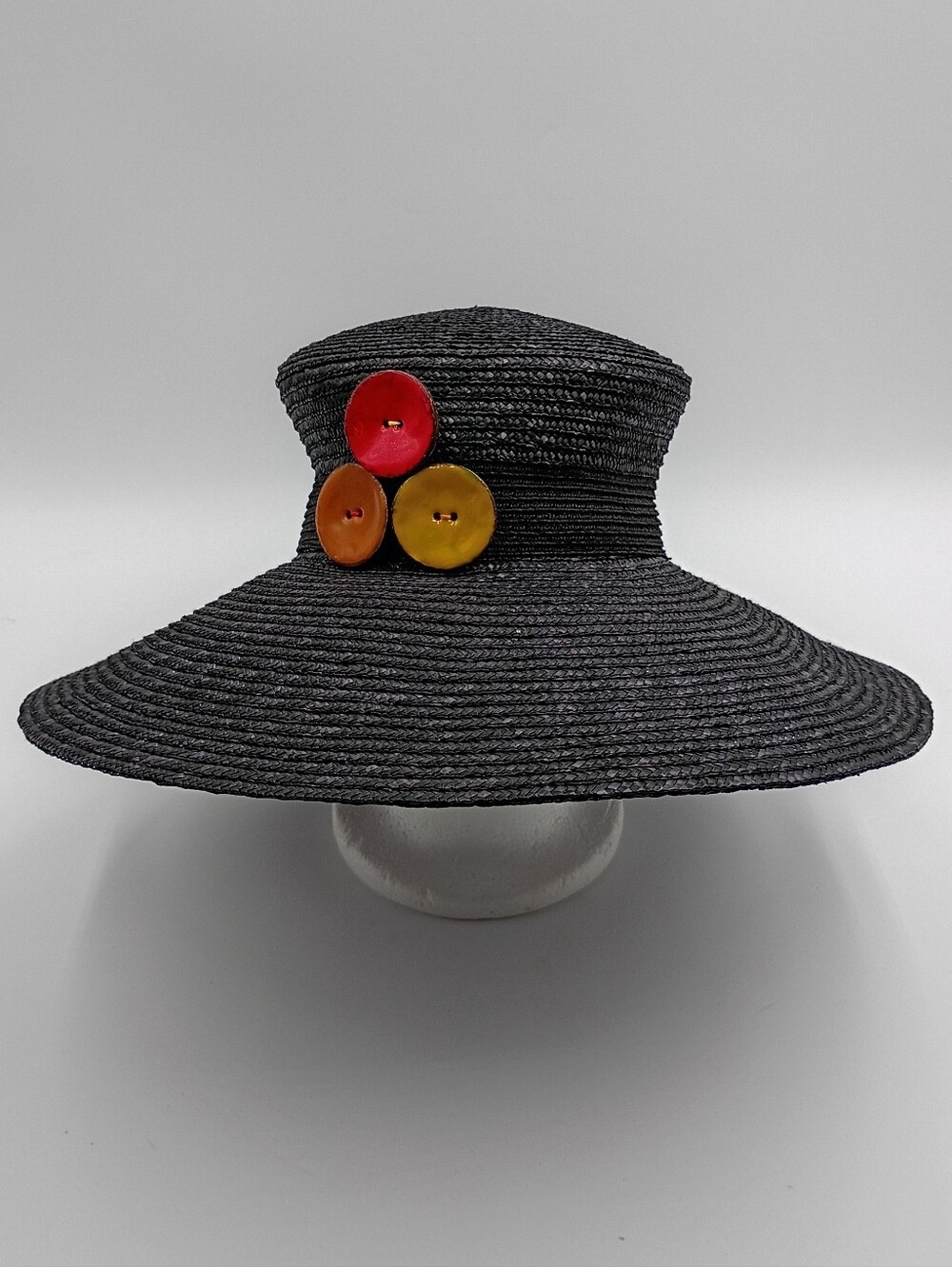 Giovannio New York Black Wide Brim Straw Sun Hat Button Accent Cruise Beach